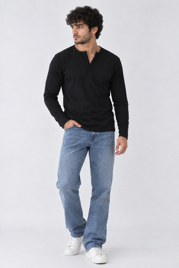 Men's Full Sleeve Henley Shirt - Black