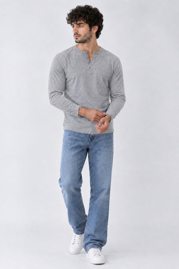 Men's Full Sleeve Henley Shirt - Grey