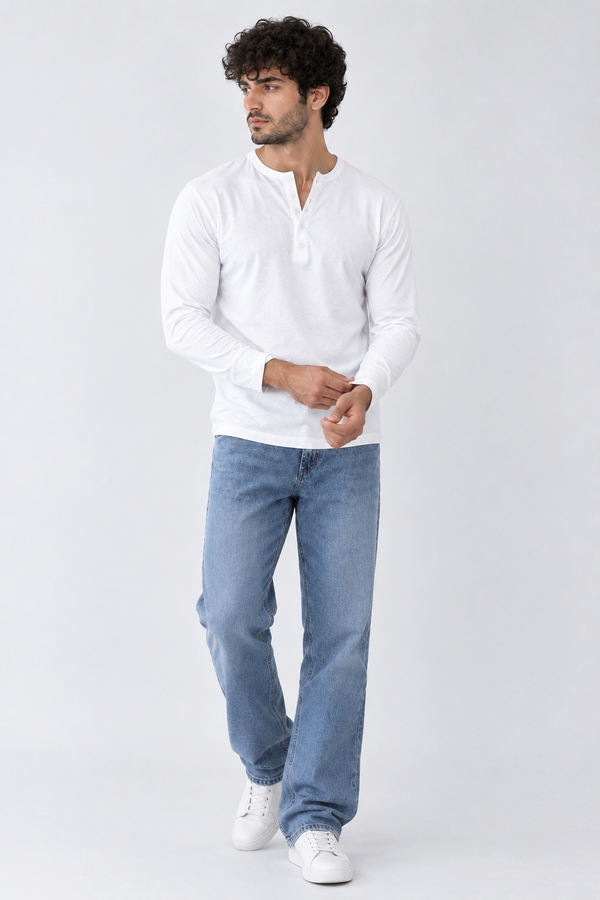 Men's Full Sleeve Henley Shirt - White