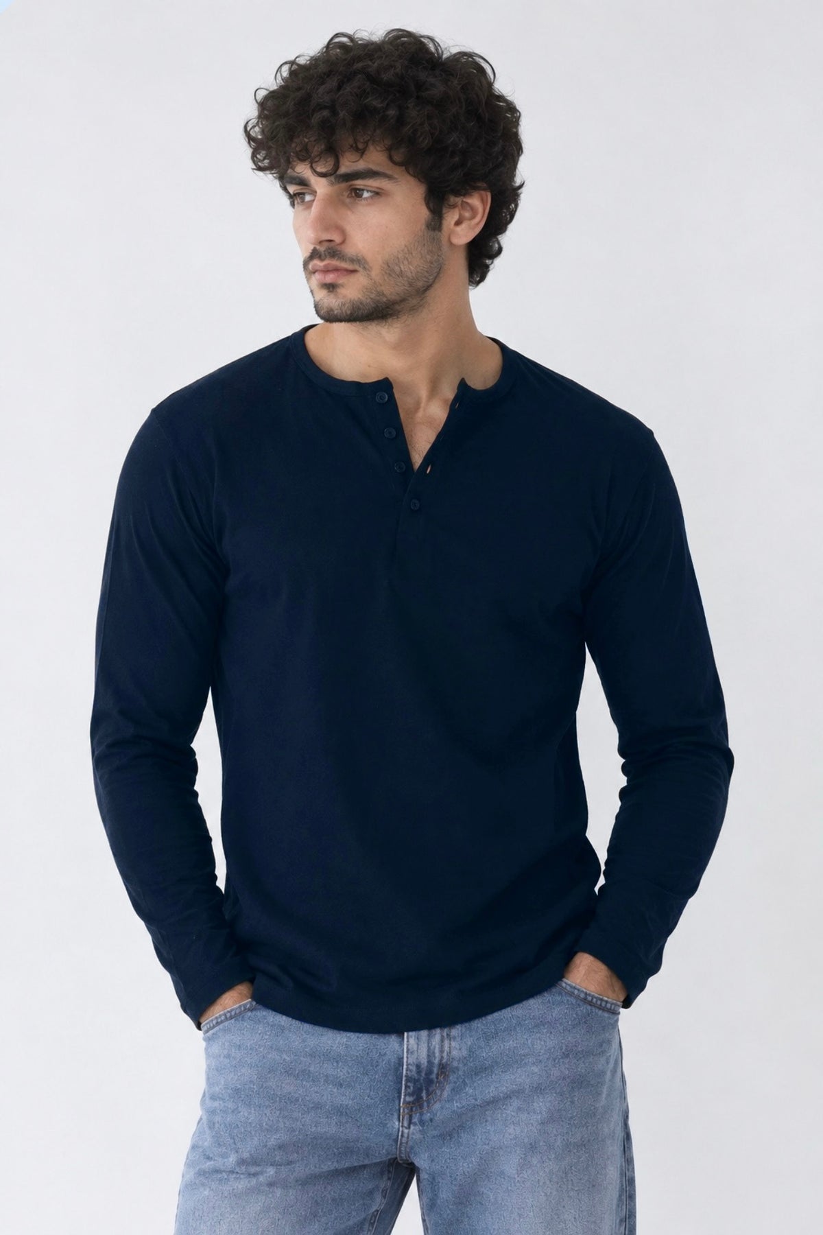 Men's Full Sleeve Henley Shirt - Navy
